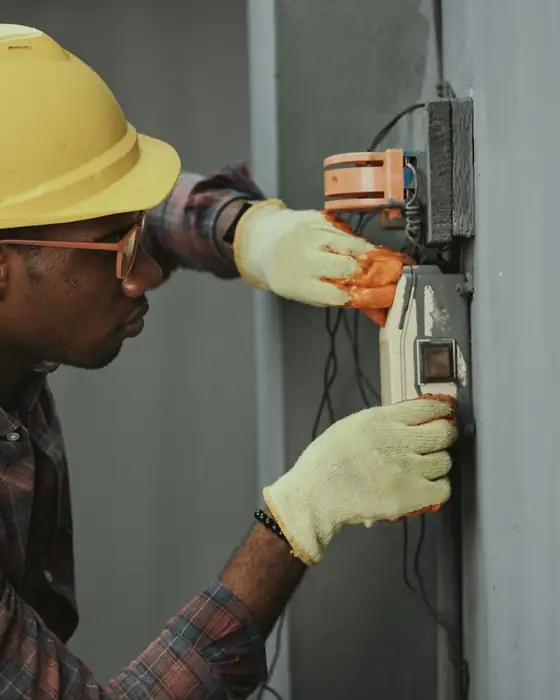 Electrician in a yellow hard hat working on wiring